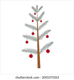 Christmas tree with doodle style decorations. Simple decor for festive Christmas and New Years. Vector illustration isolated on white background.