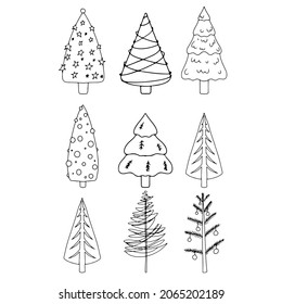 Christmas tree with doodle style decorations. Simple decor for festive Christmas and New Years. Vector illustration isolated on white background.