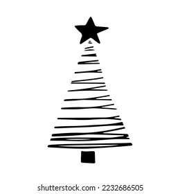Christmas tree in doodle style. Hand drawn sketch of a Christmas tree. Vector illustration. Isolated on a white background. Illustration for graphics, website, logo, icons, postcards