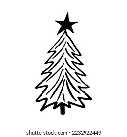 Christmas tree in doodle style. New year 2023. Hand drawn sketch of a Christmas tree. Vector illustration. Isolated on a white background. Illustration for graphics, website, logo, icons, postcards