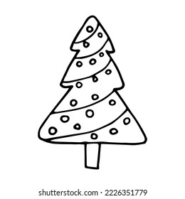 Christmas tree doodle style vector illustration isolated on white background. New year Hand drawn graphic