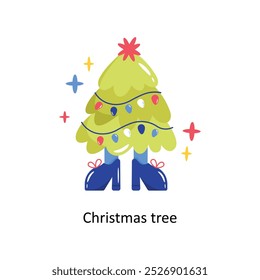 Etiqueta engomada del contorno del Vector del doodle del árbol de Navidad. Archivo EPS 10