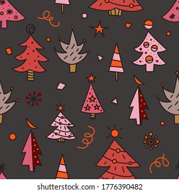 Los garabatos de los árboles de Navidad son un patrón sin fisuras para tarjetas de felicitación o pancartas. Impresión dibujada a mano con árboles de Navidad para envolver papel, textiles
