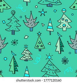 Los garabatos de los árboles de Navidad son un patrón sin fisuras para tarjetas de felicitación o pancartas. Impresión dibujada a mano con árboles de Navidad para envolver papel, textiles