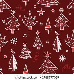 Christmas tree doodles seamless pattern for greeting cards or banners. Hand drawn print with Christmas trees for wrapping paper, textiles