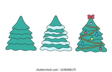 Weihnachtsbaumdoodles Set. Vektorgrafik isolierter festlicher Tannenbäume leer, mit Schnee und dekoriert. Cute Cartoon Weihnachtssymbol auf weißem Hintergrund.