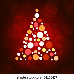 Christmas tree with dots and stars on red background.