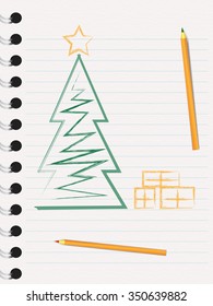 Christmas tree drawed on paper page with pencils