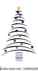 Christmas tree drawing, greetings card with New Year 2019! Vector picture
