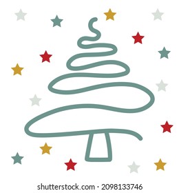 Christmas tree drawing icon vector with colorful stars.