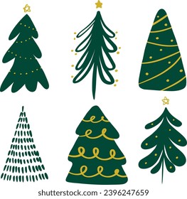 Christmas tree drawing sticker set, Christmas card, Christmas tree element, Decoration, Holidays, Christmas tree clipart, hand drawn