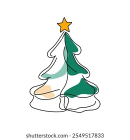 Christmas tree drawn with lines and color accents simple flat style