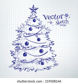 Christmas tree drawn on checkered school notebook paper background. Vector illustration. Isolated.