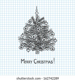 Christmas tree drawn in pen notebook
