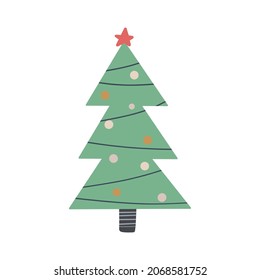 Christmas tree drawn in simple primitive doodle style. Naive botanical flat vector illustration isolated on white background.