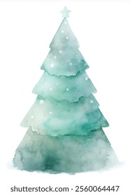 A Christmas tree is drawn in watercolor with a star on top. The tree is green and he is covered in snow. Scene is festive and joyful, as it represents the holiday season