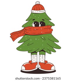 The Christmas tree is dressed in a scarf and hat. Funny retro cartoon character in trendy groovy style. 60 -70s vibes. Merry Christmas and Happy New Year.