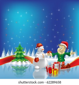 christmas tree with dwarf and snowman on blue background