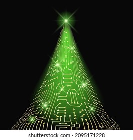 Weihnachtsbaum aus elektronischer Schaltung mit leuchtenden Stern und Funkellampen. Digitale Silvester-Karte.