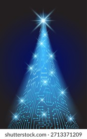 Árvore de Natal de circuito eletrônico com estrela brilhante e lâmpadas cintilantes. Cartão de Ano Novo Digital.