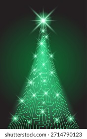 Christmas tree from electronic circuit with glowing star and sparkle lamps. Digital New Year card.