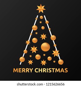 Christmas Tree. Elegant Card Template with Gold Shining Fir. Pine with Snowflakes. Vector illustration