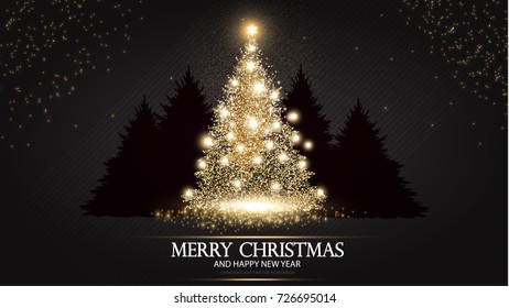 Christmas Tree. Elegant Card Template with Gold Shining Fir. Pine with Snowflakes. Vector illustration