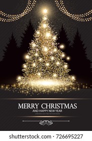 Christmas Tree. Elegant Card Template with Gold Shining Fir and Light Garlands. Pine with Snowflakes. Vector illustration