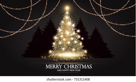 Christmas Tree. Elegant Card Template with Gold Shining Fir. Pine with Snowflakes. Vector illustration