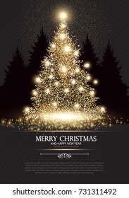 Christmas Tree. Elegant Card Template with Gold Shining Fir. Pine with Snowflakes. Vector illustration