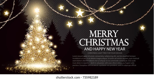 Árbol de Navidad. Elegante plantilla de tarjeta con flor dorado. Pino con copos de nieve y estrellas. Diseño de lujo. Ilustración del vector