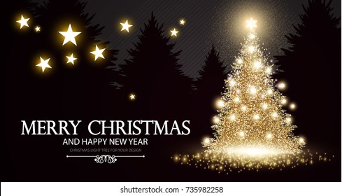 Árbol de Navidad. Elegante plantilla de tarjeta con flor dorado. Pino con copos de nieve y estrellas. Diseño de lujo. Ilustración del vector