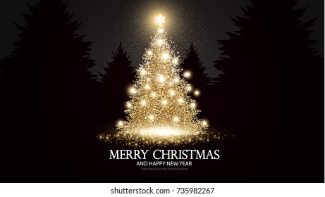 Christmas Tree. Elegant Card Template with Gold Shining Fir. Pine with Snowflakes and Stars. Luxury Design. Vector illustration
