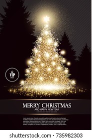 Christmas Tree. Elegant Card Template with Gold Shining Fir. Pine with Snowflakes and Stars. Luxury Design. Vector illustration