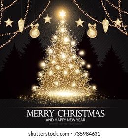 Christmas Tree. Elegant Card Template with Gold Shining Fir. Pine with Snowflakes, Christmas Toys and Stars. Luxury Design. Vector illustration