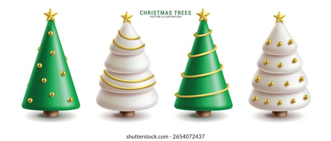 Árvore de Natal elegante conjunto clipart. Elementos de decoração de pinheiro elegante coleção de clip art com ornamentos de ouro como estrela e estilo de arte espiral para a ilustração vetor de celebração de dezembro.
