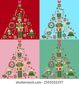 Christmas tree with element,, nutcracker on 4 colors wallpaper. Seamless pattern. Vector.