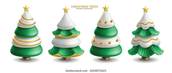 Conjunto de clipart de elementos de árvore de Natal. Pinheiro elegante com ornamentos de ouro espiral e curva design clip art coleção para dezembro Natal decoração vetor ilustração.
