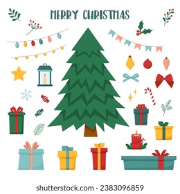 Christmas tree with elements. Christmas tree set.	