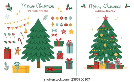 Christmas tree with elements. Christmas tree set.	