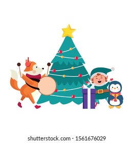 christmas tree with elf and cute animals around over white background, colorful design , vector illustration