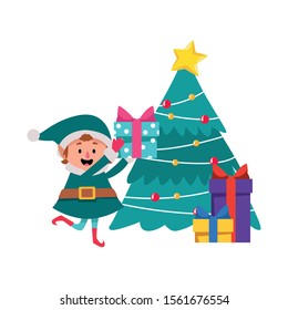 christmas tree with christmas elf putting the gift boxes over white background, vector illustration
