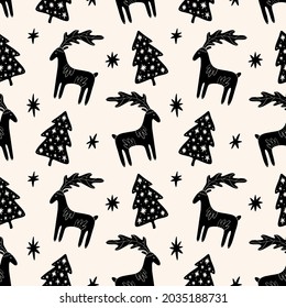 Christmas tree elm and deer simple scandi seamless pattern design. Graphic trees shapes, minimal Noel decor.