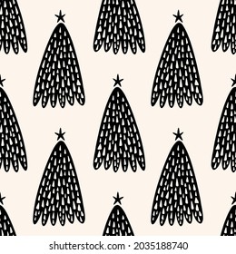 Christmas tree elm simple scandi seamless pattern design. Graphic trees shapes, minimal Noel decor.