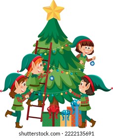 Christmas tree with elves cartoon character illustration