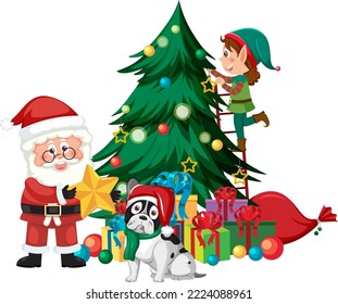 Christmas tree with elves cartoon character illustration