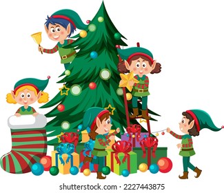 Christmas tree with elves cartoon character illustration