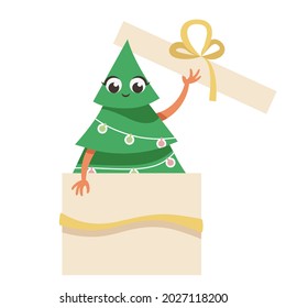 Christmas tree emerging from gift box. Anthropomorphic character in cartoon style