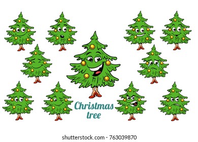 Christmas tree emotions emoticons set isolated on white background. Comic book cartoon pop art illustration retro vector