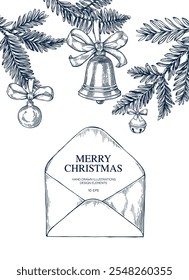 Árbol de Navidad, carta de sobre, bolas, ramas de abeto dibujadas a mano Ilustración vectorial aislada. Juguete del árbol de navidad para el cartel de la fiesta, partido, tarjetas del año Nuevo, saludo, invitación. Estilo de grabado